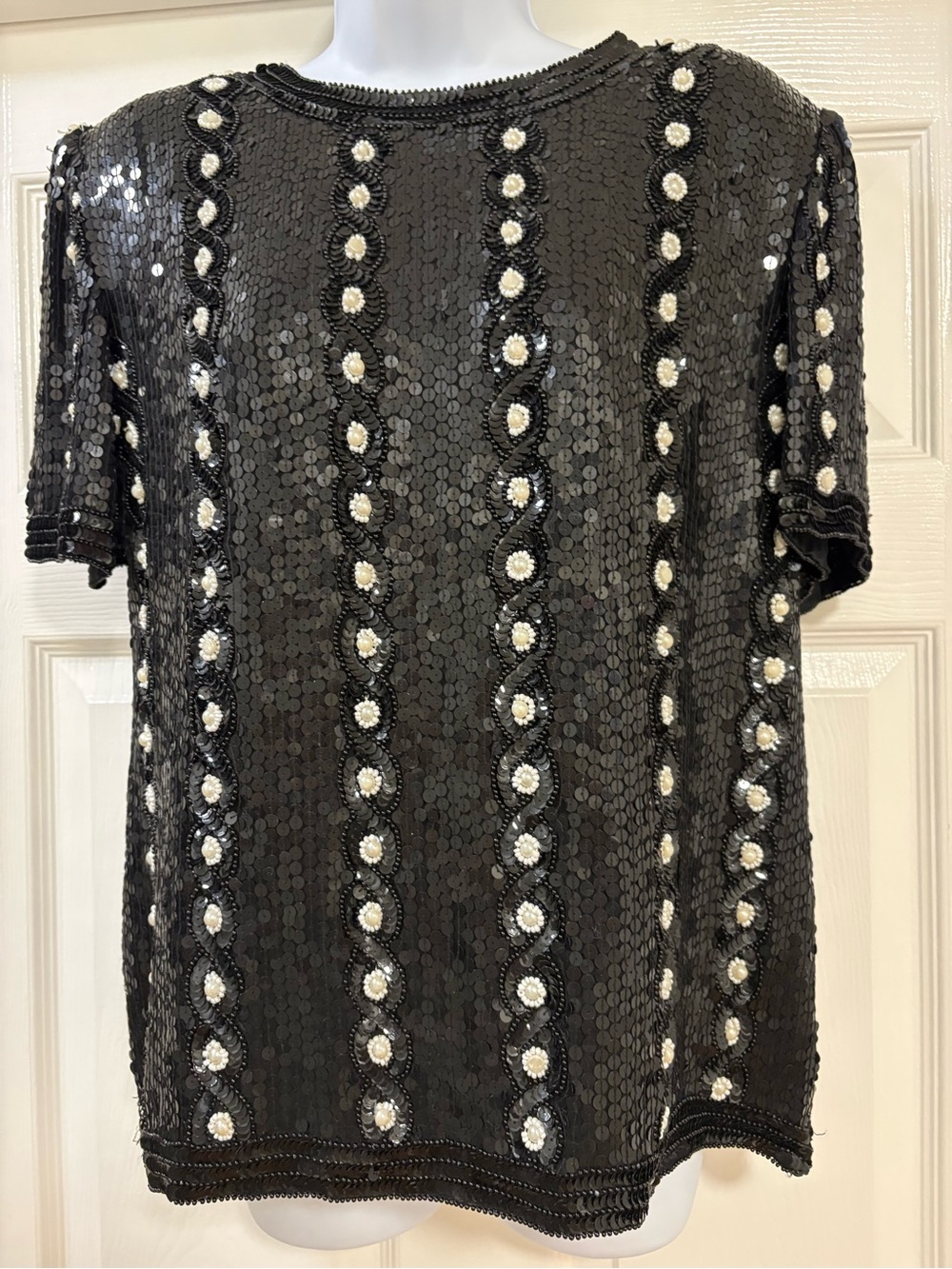 Steinay vintage black sequin and bead-embellished short-sleeve top
